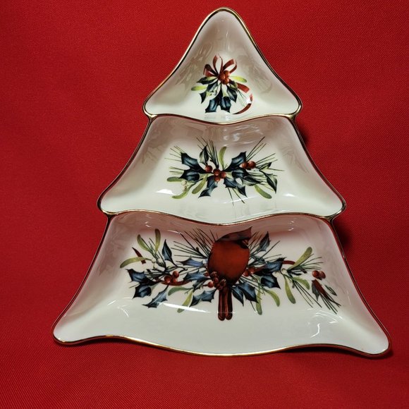 Lenox Winter Greetings Tree Divided Server Red Cardinal with Holly Gold Trim 199 - Picture 5 of 12